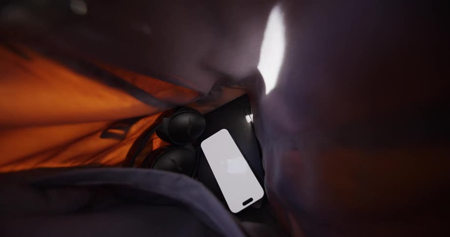 White smartphone and black earphones rest inside orange bag lit by internal glow