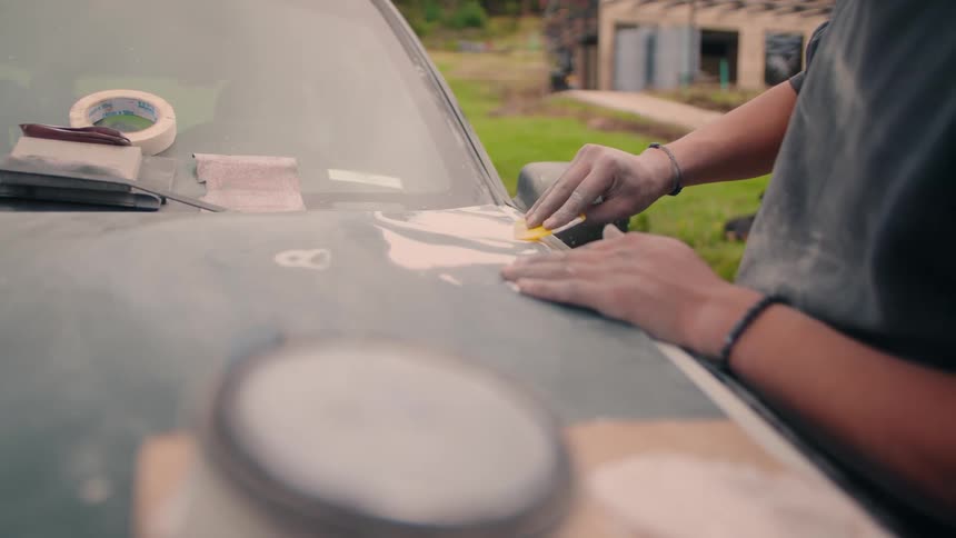 The man applying body filler putty to the hood