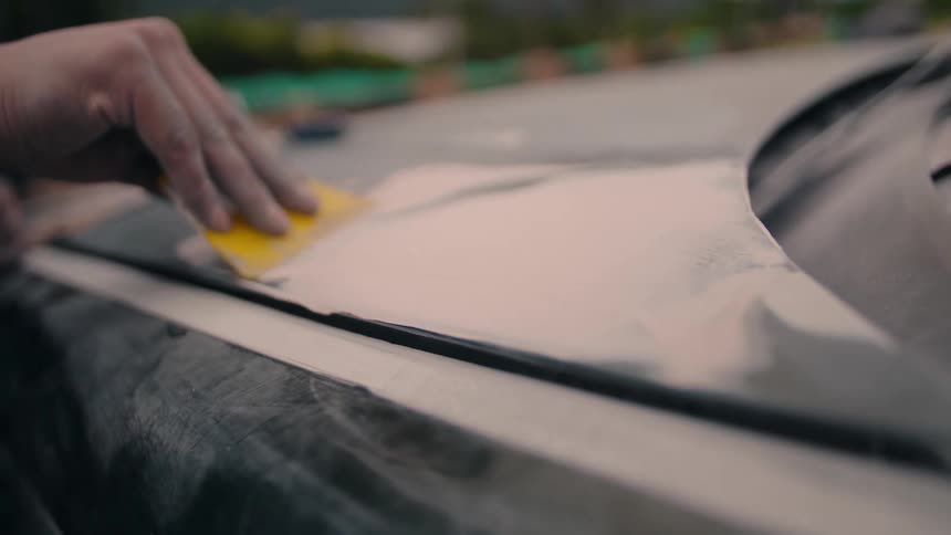 The person is sanding the car