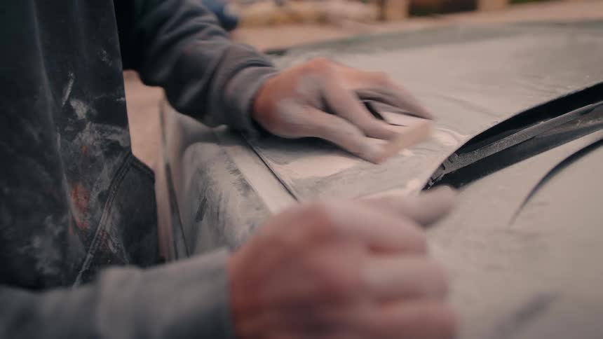 This is a closeup shot focusing on the hands of a person who is vigorously sanding a car body panel with a block of sandpaper a substantial amount of white dust from the putty or primer is visible as they work to smooth the surface