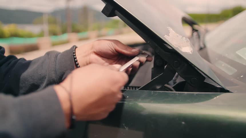 The man is using a wrench on the car
