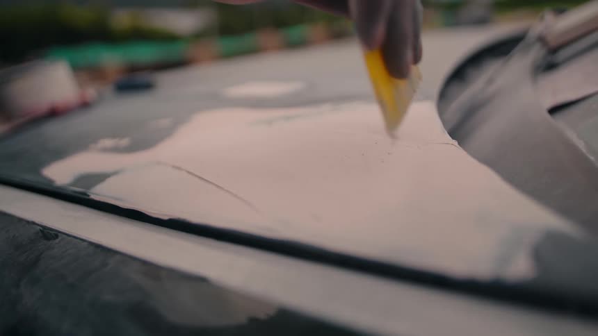 The man slowly slides the sandpaper on the car