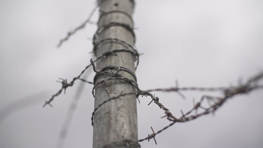 A pole with barb wire wrapped around it