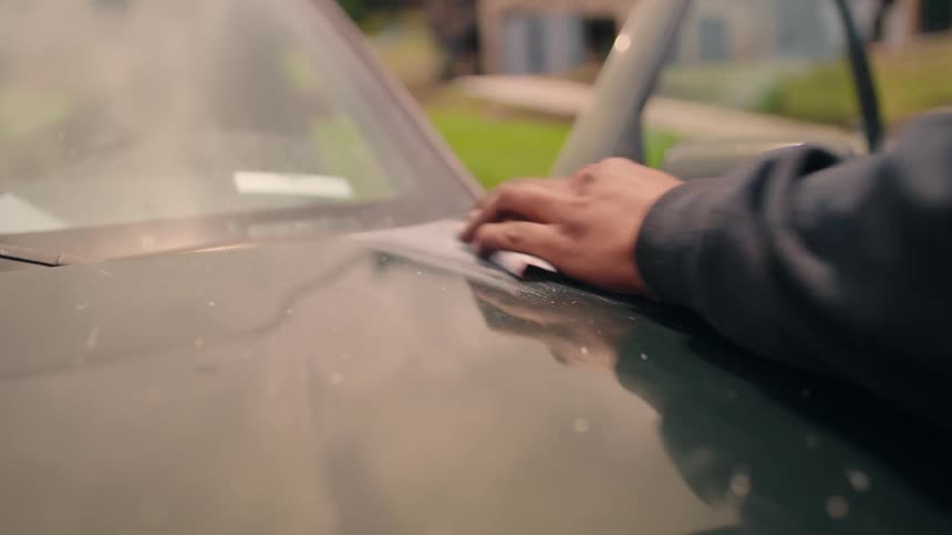 A man is using a cloth to wipe the hood of a car
