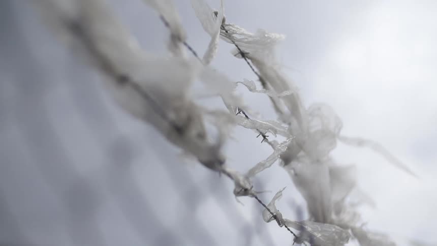 Plastic caught on barb wire flies in the wind