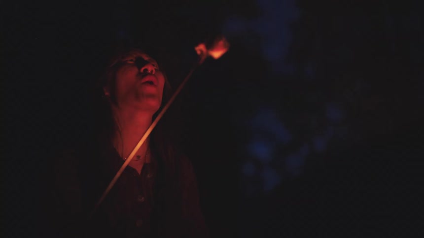 A person blows on a flaming marshmallow over a campfire at night