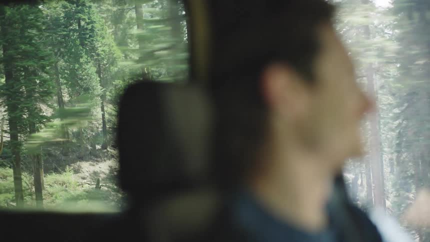 Man watches the forest landscape through the window of a moving vehicle