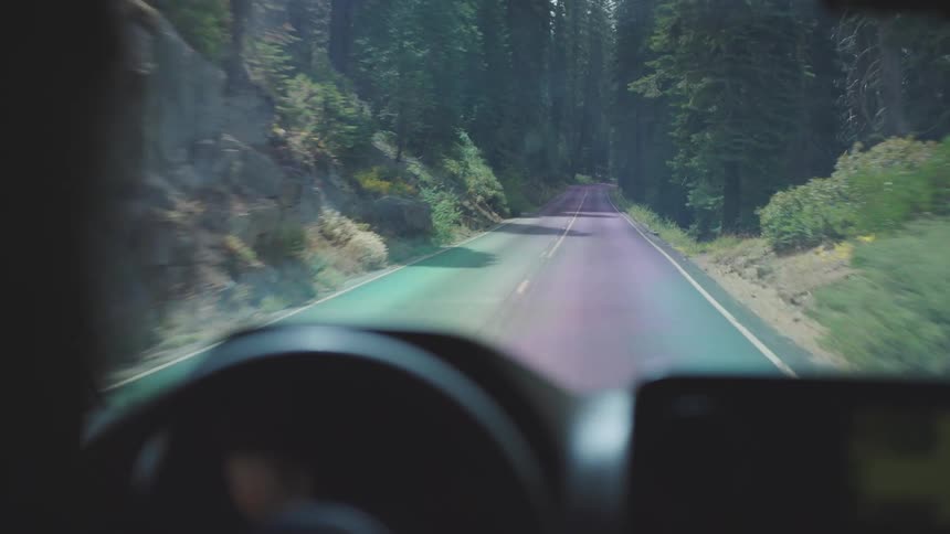 A vehicle is traveling down a road through a forest