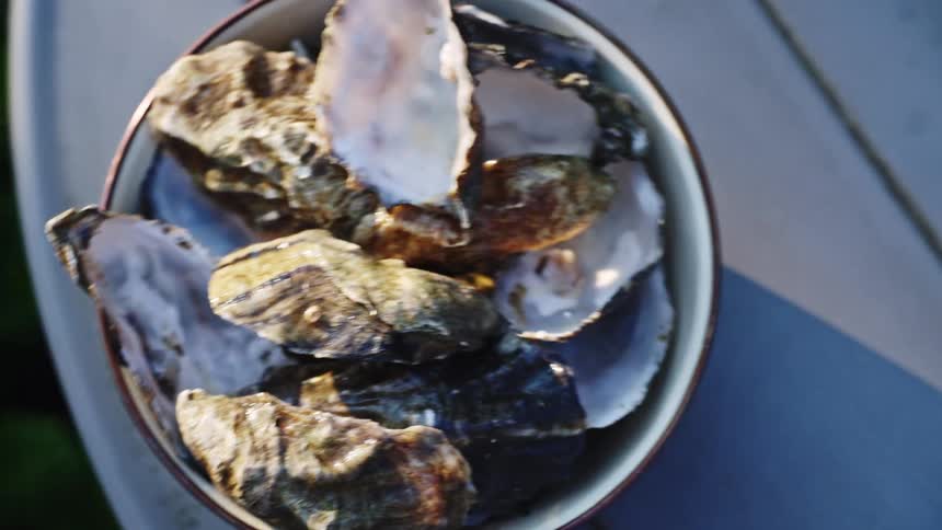 A person is putting empty oyster shells in a bowl