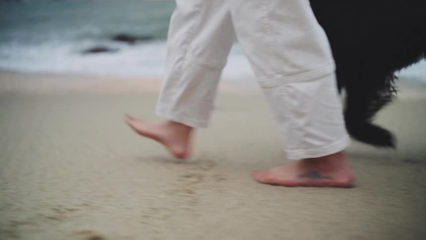 A close view of a persons bare feet and white pants walking on wet sand at the beach with a large black dog running beside them and waves rolling in the background
