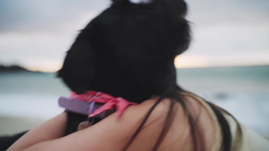 A woman affectionately hugs her dog on a sandy beach at sunset