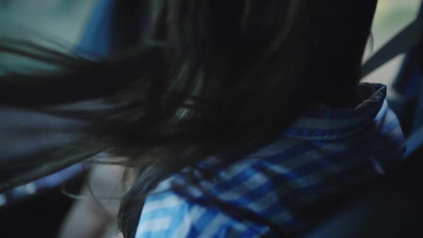 Person in blue and white checkered shirt seated inside vehicle with dark hair visible from behind