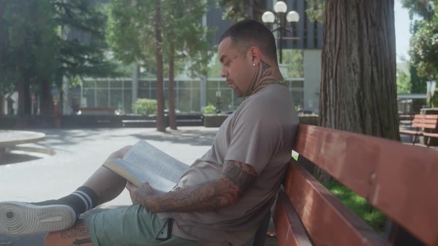 A man sits on a park bench reading a book on a sunny day