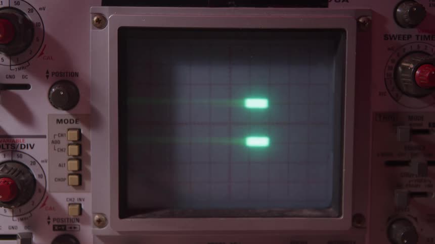 The oscilloscope is running and the display is flashing