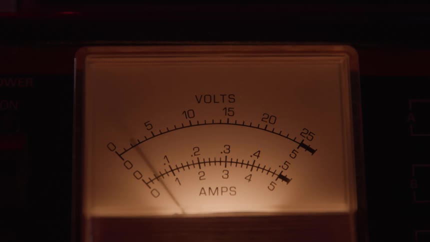 A close view of an analog voltmeter and ammeter gauge shows the needle moving slightly back and forth over the dimly illuminated scale in a dark setting