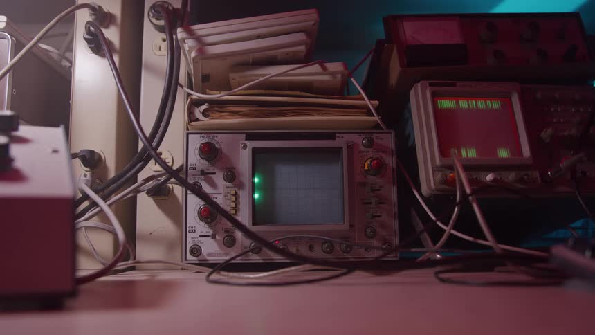 A closeup shot shows an oscilloscope displaying two small green square patterns that flash and move against a dark screen suggesting a signal is being actively monitored the device is surrounded by a cluttered collection of other vintage scientific eq