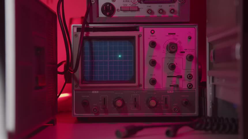 The oscilloscope display is turned on
