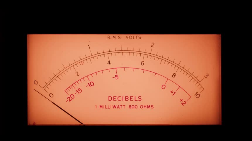 The video is a static closeup shot of an orangetinted analog vu or decibel meterthe needle on the meter is perfectly still resting at the zero mark on the decibels scale indicating no signal is currently passing through the device