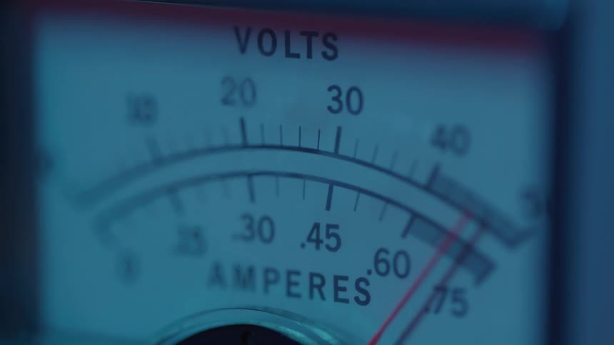 A closeup shot of an analog gauge shows the red needle sweeping rapidly from left to right indicating a spike in both the volts and amperes readings the meter face has a blue tint and displays clear legible markings for the electrical measurements