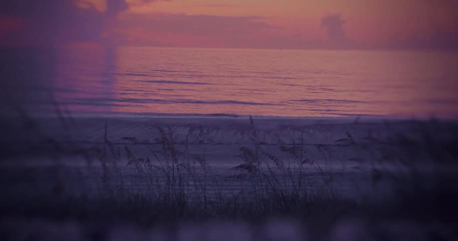 Ocean water reflects the red sky near a snow covered coast