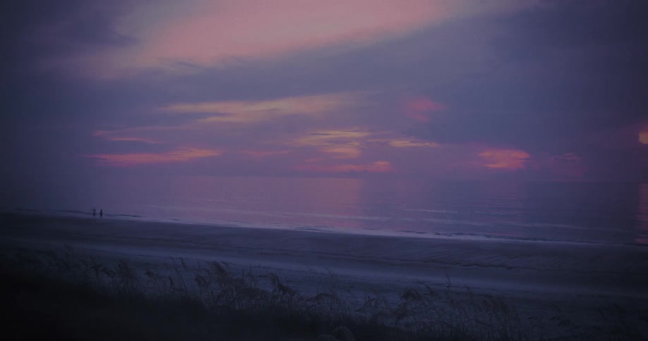 The scene captures a beach at twilight or dawn dominated by a sky filled with deep purple and pink huesthe foreground features dark sand and wispy sea grasses while the ocean waves gently roll onto the shore with two indistinct figures visible walki