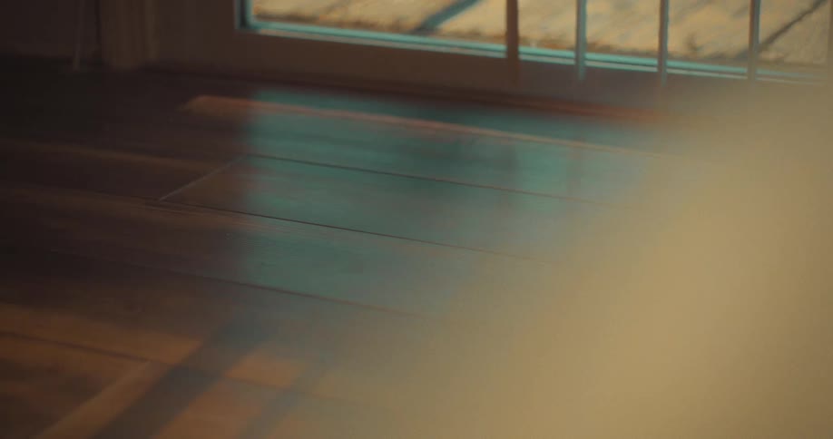 A person wearing flipflop slippers walks into a room with a wooden floor at midday