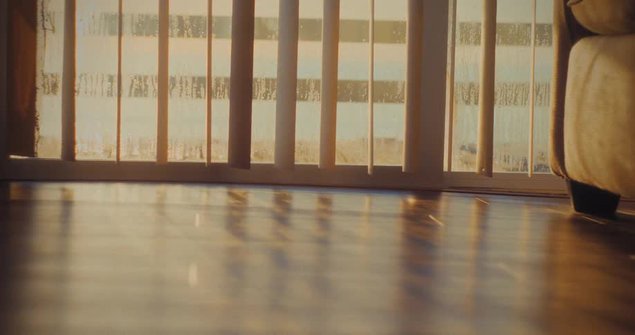 Sunlight shines through vertical blinds covering a large glass door the light casts long shadows onto a polished wood floor and a couch is partially visible on the right side