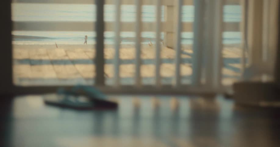 The person walks on the beach outside the house