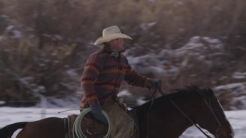 The man swings his lasso and speeds on his horse