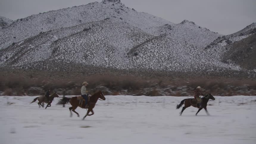 Three riders on three horses run across a snowcovered field with large snowdusted mountains rising directly in the background and a simple fence line is visible across the middle ground