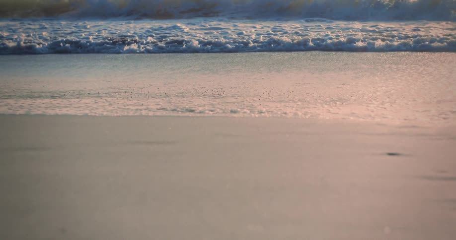 A wide low view shows ocean waves crashing onto the wet sand of a beach with white foam receding under soft ambient light