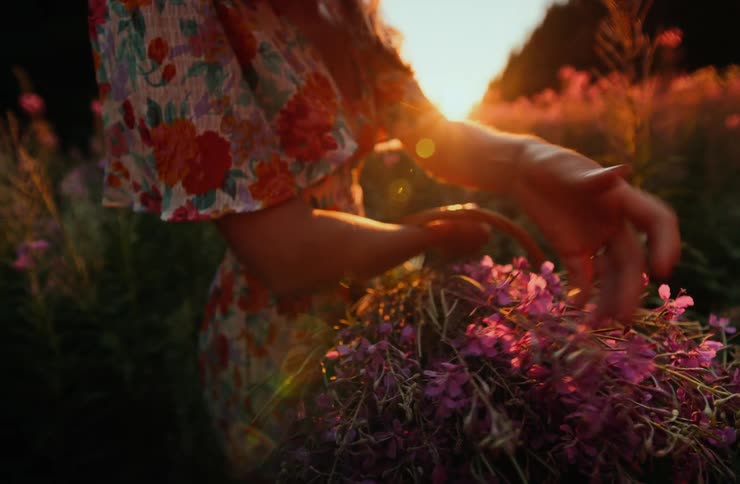 Woman picking purple flowers in a field lit by the sunset