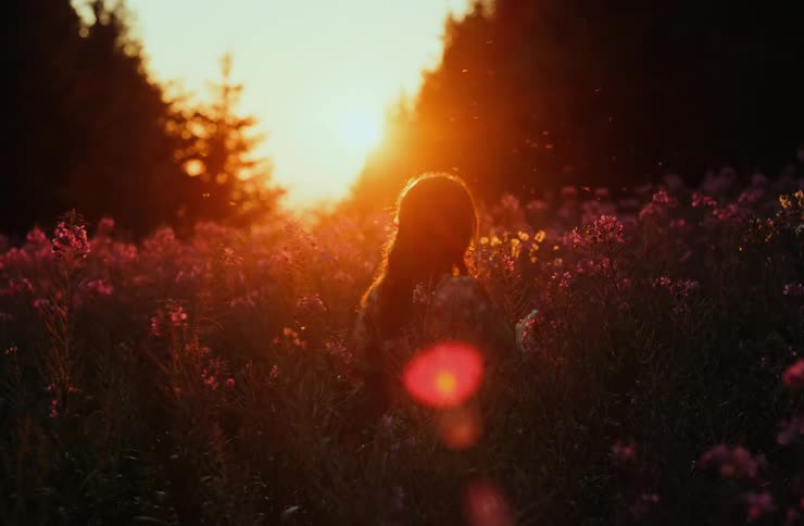 The woman walks through the tall field of flowers