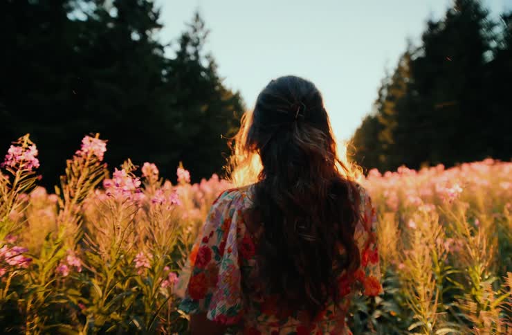 Woman walks among flowers under the golden evening light