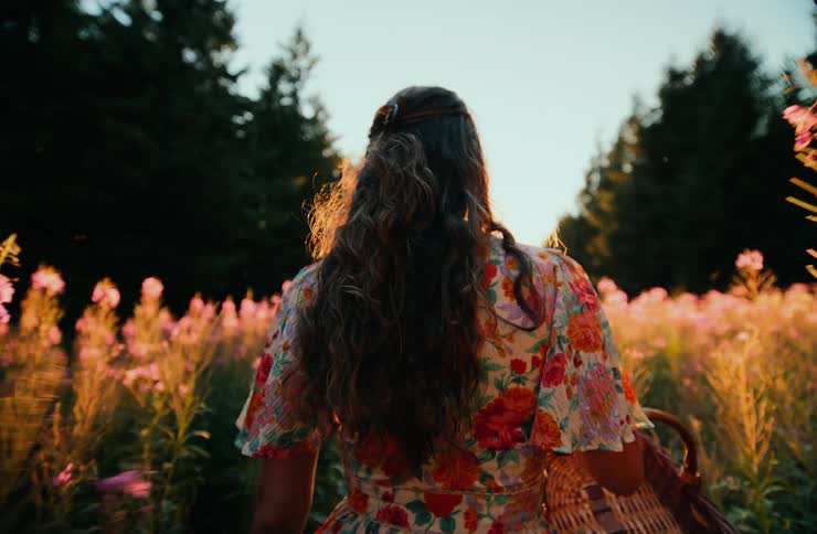 A young woman walking away down a path she wears a patterned dress and carries a basket the setting is a meadow filled with pink flowering plants a line of tall dark trees frames the field the sun sets directly in the background