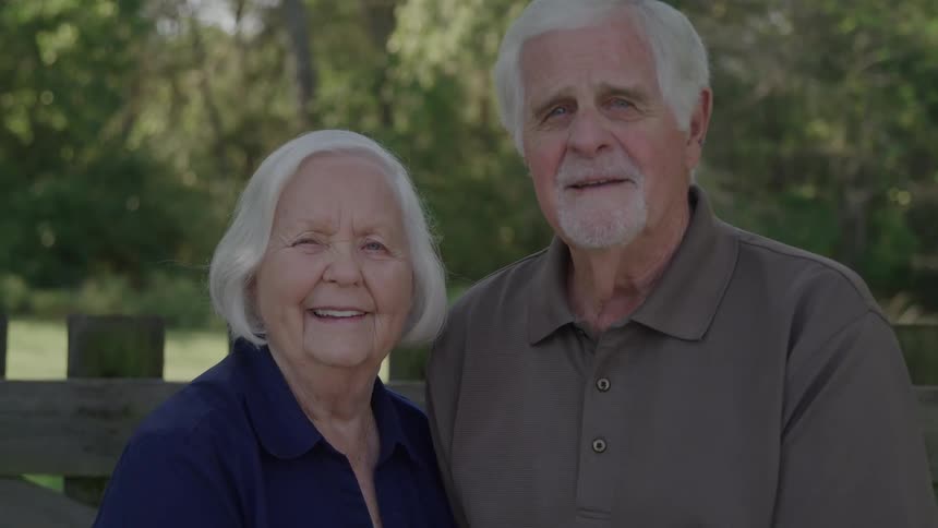 An elderly couple smiles together outdoors in natural light
