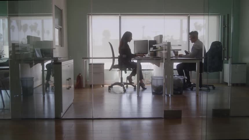 Two coworkers sit across from each other working on computers in a modern office