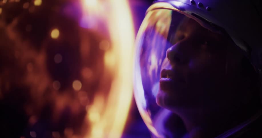 Sci fi setting, a woman in a space suit floating above an orange planet