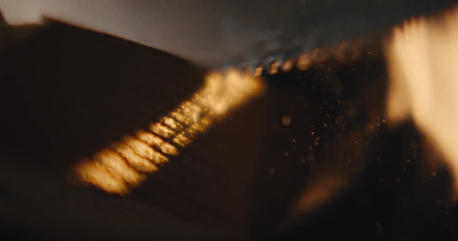 A saw cuts through wood, slow motion flecks of sawdust fill the air