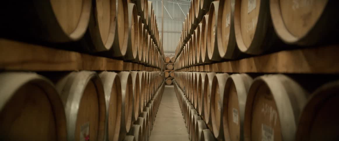 Wooden barrels aligned in a warehouse for beverage aging