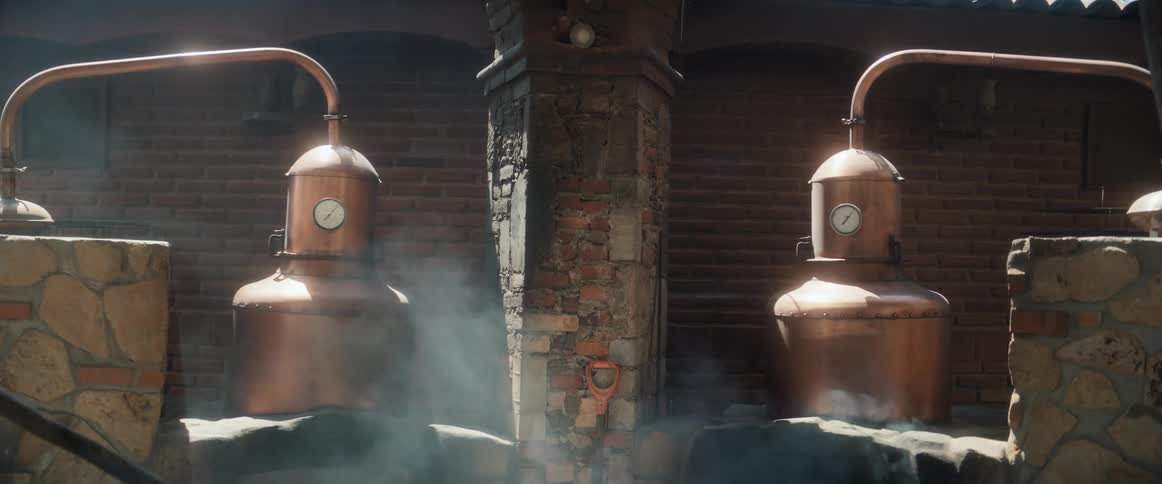 Copper stills release steam during artisanal distillation