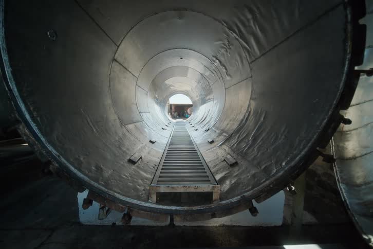 Ladder runs through the inside of a capped silo lying on its side