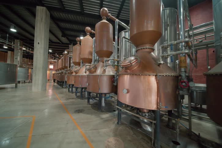 A smooth tracking shot moves past a long row of large copper pot stills in a modern distillery