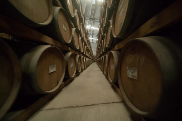 Narrow corridor between wooden barrels in a spirits warehouse