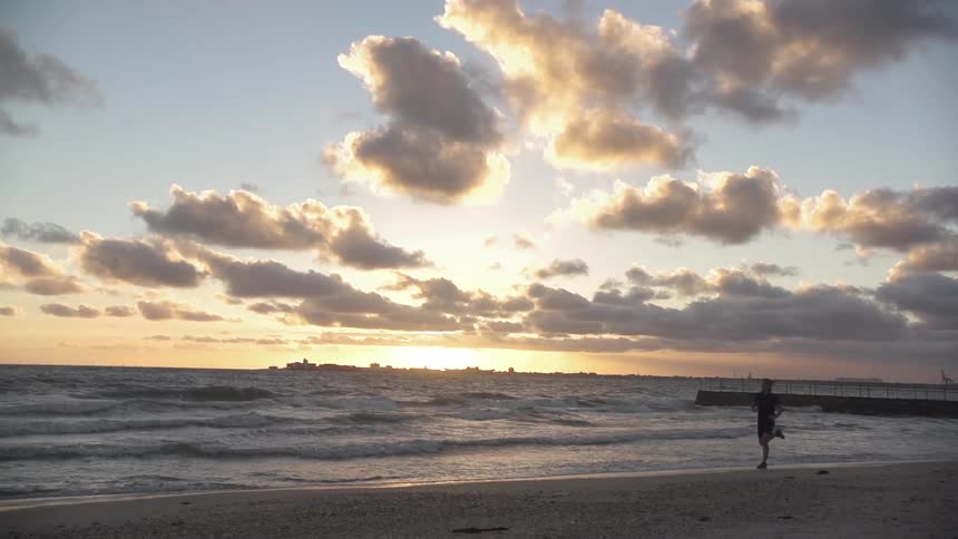 A person running along a shore at sunset