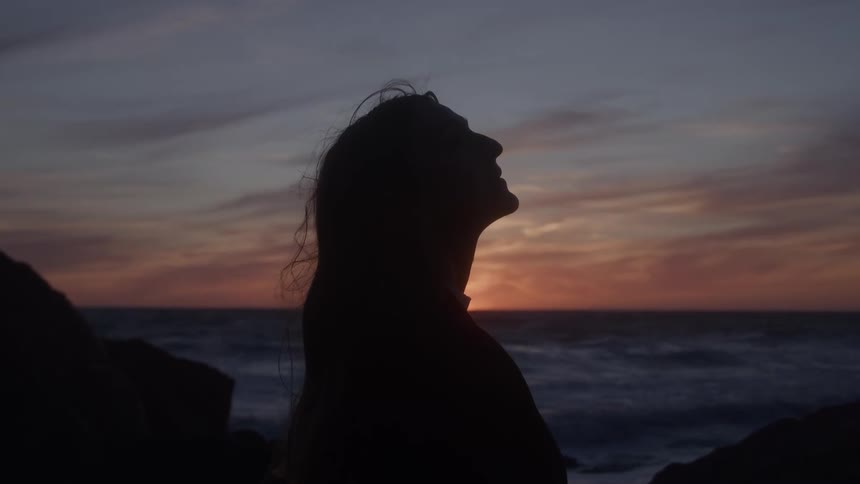 A closeup profile silhouette of a person standing on dark rocks the person looks up toward the sky the background shows a dark ocean and a sky with orange and purple colors