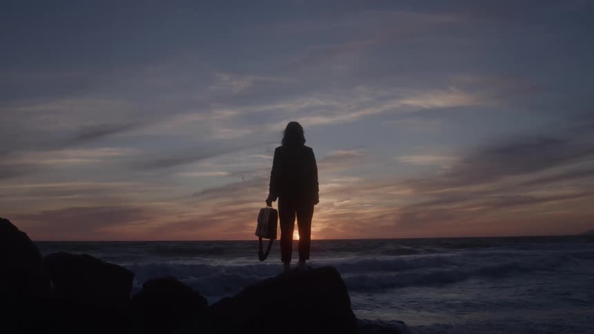 Woman standing on a rock along the coast holding a briefcase and watching waves roll into shore