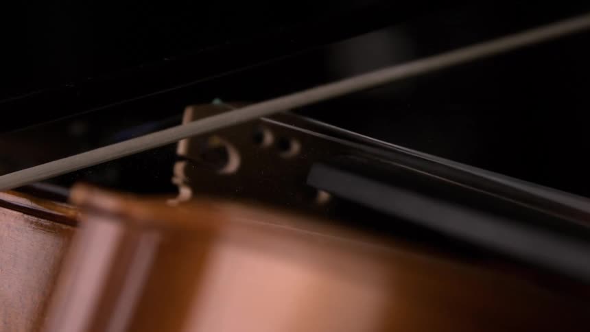 The video shows an extreme closeup of a musical instrument likely a violin or viola with the focus on the strings and the bridgeone line a bow hair or a string is visible moving across the strings suggesting the instrument is being playedthe s