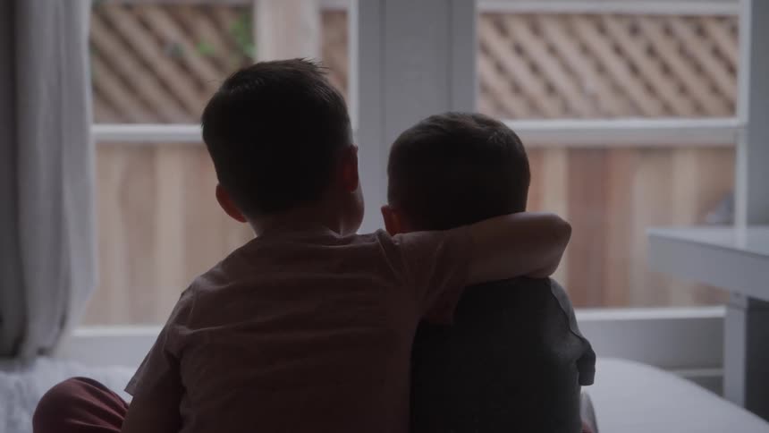 Two brothers hug at home