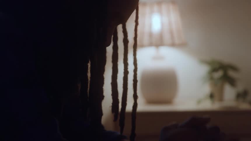 A close view of a man in silhouette with long dreadlocks and a beard is shown with a glowing lamp and houseplant blurred in the warm background